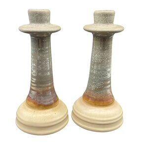 Set Of 2 Handmade Ceramic Candlestick Holders Rustic Earth Tones Studio Pottery